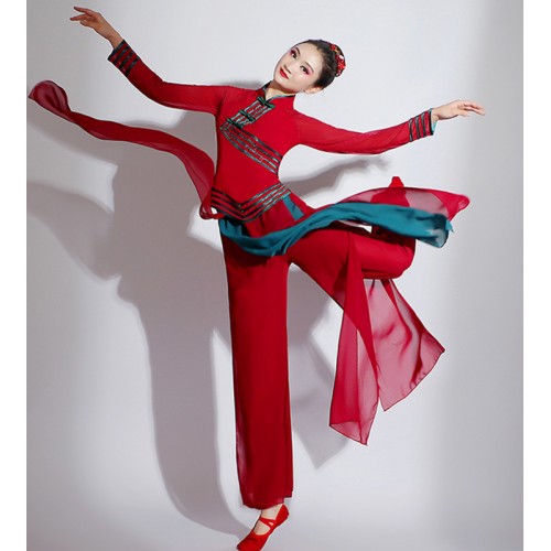 Red with green chinese folk dance costumes for women girls classical dance suit yangge fan umbrella waist drum performance clothes for female